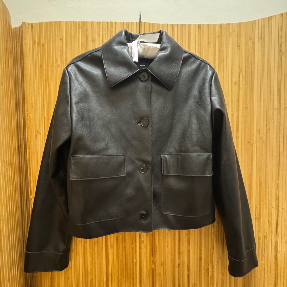 Mango Black Leather Button-Up Jacket
